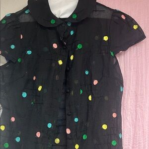 Voodoo Vixen Collared Cartoonish Retro Polka Dot Sheer Blouse